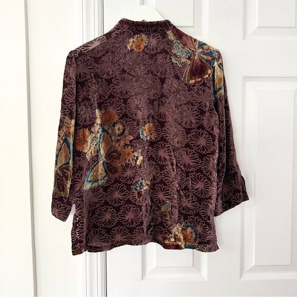 Citron Brown Velvet Butterfly Mandarin Collar Neck Button Up Blouse Small Asian - Picture 11 of 12